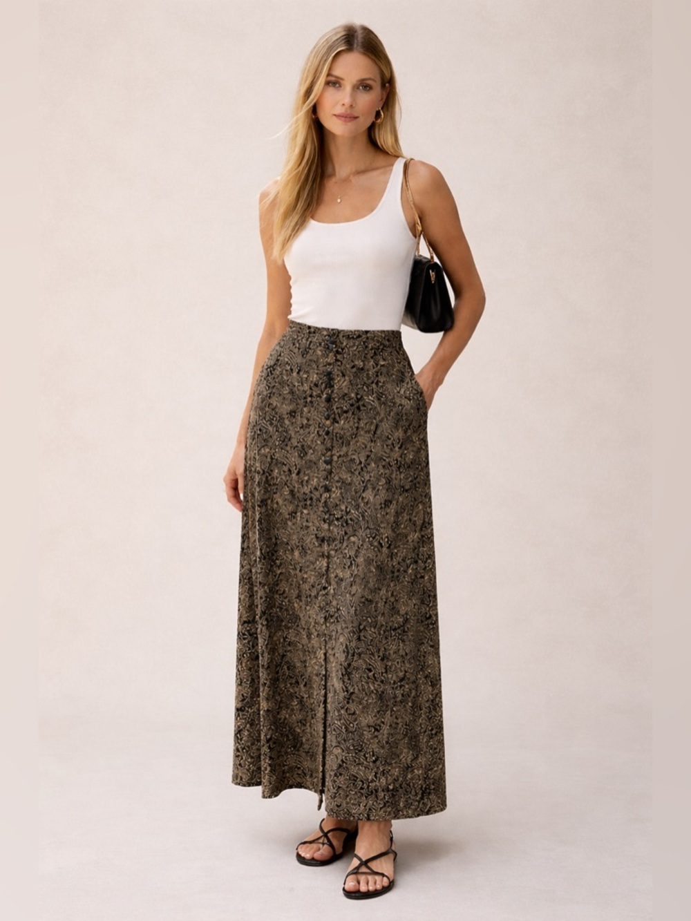 Vintage BRIGGS Y2K Paisley Midi Skirt Black Gold Button Front Size M Dark Academ